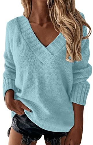 Jersey Punto Mujer Suéter Mujer Cuello Pico Jersey Mujer Otoño Jerseys Finos Mujer Suéter De Manga Larga Con Cuello En V De Color Liso Para Mujer SuéTer Fino Mujer Manga Larga