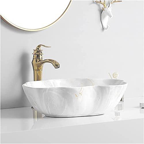ASerZenith Keramik-Waschbecken fürs Badezimmer, Badezimmer-Waschbecken, Keramik-Waschbecken fürs Badezimmer, Marmorstruktur, ovales Kunst-Waschbecken über der Theke, mit goldenem(B)