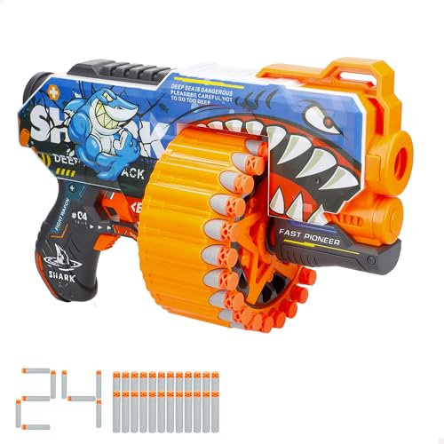 COLORBABY 47750 V-Zon Dartpistol, 31 cm, 24 skumgummikulor, lätt och kraftfull, hajdesign, leksaksmaskingevär, kastare, leksaker för barn 8 år, vapen pojke