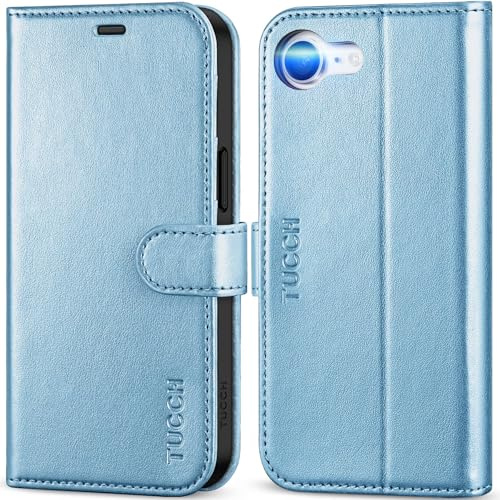 TUCCH Funda Cuero PU para iPhone 17e/16e 5G (6,1), Azul Brillante | Flip Folio, Bloqueo RFID, Soporte Plegable, Ranura para Tarjeta