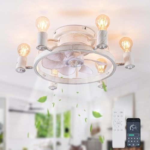 Ganeed Ventilatori da soffitto con luci e telecomando basso profilo Montaggio a filo Ventilatore stile fattoria industriale rustico Lampade E27 per camera da letto cucina isola bianco 6 luci