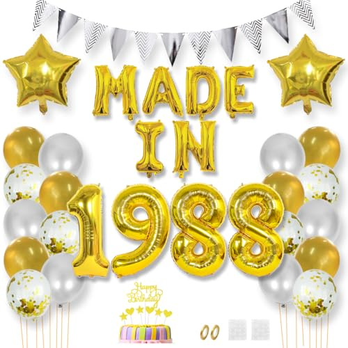 Daimay Happy 37 Birthday Balloon Banner Decorations Gold MADE IN 1988 Aluminum Foil Letters Balloons Latex Confetti Balloons Triangle Flag Party Supplies Cake Topper for Men Women Photo Props