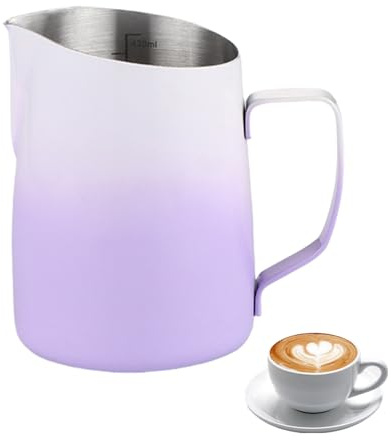 Pasdrucn Pichet Mousseur à Lait pour Machine à Café,Pot à Lait en Acier Inoxydable, Pichet Lait INOX avec Marque De Mesure 450ml, Pichet INOX pour Cappuccino, Expresso, Latte Art (Violet)