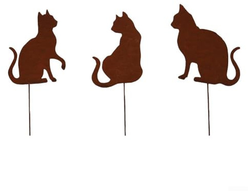 Getdoublerich Set di 3/4 paletti rustici in metallo a forma di gatto, resistenti alle intemperie, decorazione artistica da giardino per vasi da fiori, prato e spazi esterni (3 gatti)