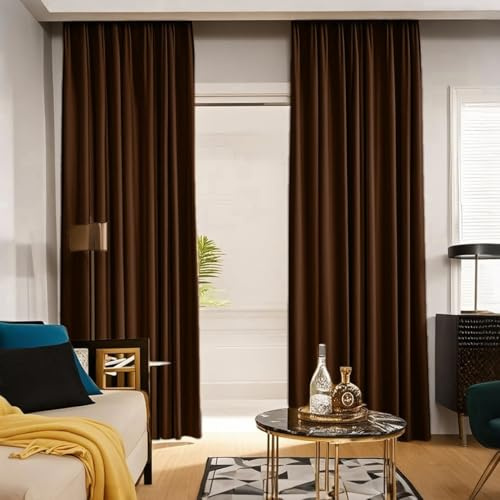 MYRU 1 Pair Pencil Pleat Luxury Velvet Curtains, Room Darkening, Thermal Insulated Drapes for Living Room Bedroom(Dark Brown, 2 x 66x90 Inch)