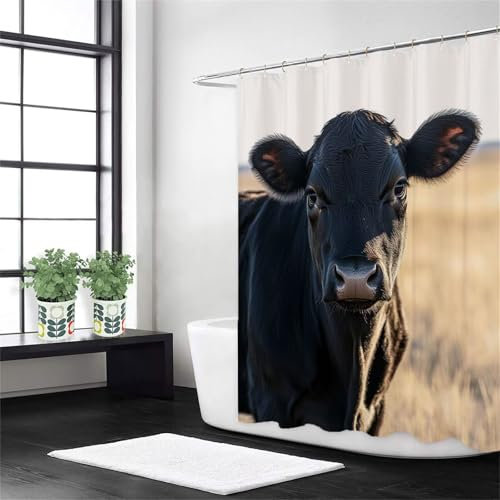 Duschvorhang Schwarz Duschrollo für Badewanne Ochse Anti Schimmel Wasserdicht Polyester Stoff Waschbar Shower Curtain Set,Beschwerter Saum,Mit 12 Duschvorhangringe,für Badezimmer Deko 150x200 cm -h553