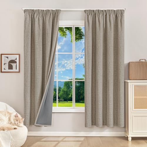 Runyéla 100% Verdunklungsvorhänge Thermovorhänge Kälteschutz Gardinen mit Kräuselband 175 x 140 cm (HxB) 2er Set Leinenoptik Vorhänge Blickdicht Leinen, Schiebegardinen Wohnzimmer Curtain