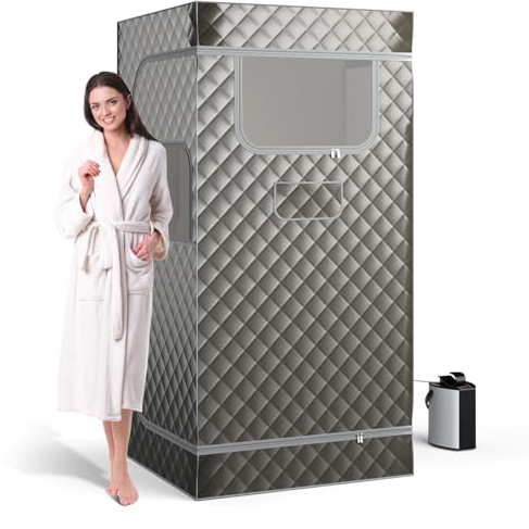 Fantas Helkroppsbastu för hem, bärbar ångbastu hemmabastu med fotmassageapparat, 3 liters ånggenerator, bastutält, fällstol och fjärrkontroll, 91 x 91 x 183 cm (grå)