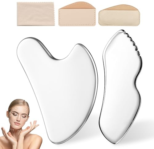 ZSSZD Edelstahl Gua Sha Stein, 2 Stück Guasha Gesichtswerkzeug, Guasha Scraping Massage Tool mit Aufbewahrungstasche & Reinigungstuch, Kieferlinienformer für Gesicht, Augen, Nacken, Körper