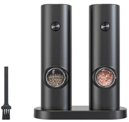 Kimbatex Kitchen Molinillos Eléctricos de Sal y Pimienta, Set de 2, con Luz LED y Base, Ajuste de Molienda, Negro