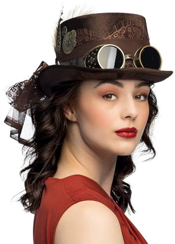 MIMIKRY Brauner Steampunk Zylinder mit Zahnrädern Federn Goggles Gr. 55-59 Hut Zylinderhut Damen Herren