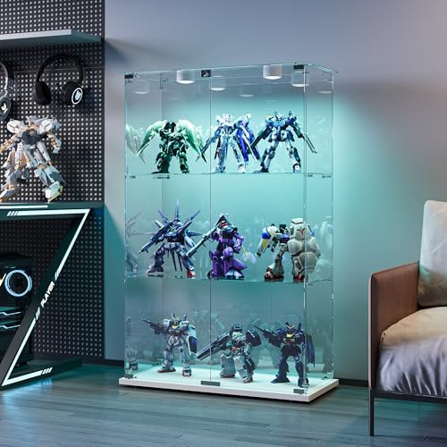 Vitrine aus Glas mit LED, Vitrine mit 3 Ablagen für Sammlung, Weinvitrine aus Glas mit 2 Türen und Schloss, vertikale Sammlervitrine (weiß, 2 Türen, 79 x 35 x 124)