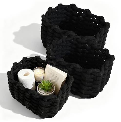 Aufbewahrungskörbe, 3 Stück Geflochtenes Körbchen Schwarz 19x15x12cm Weiche Baumwolle Badezimmer Kleiner Korb Geflochten Baumwolle Strickkorb Regalkorb Mini Körbchen Weiß Basket