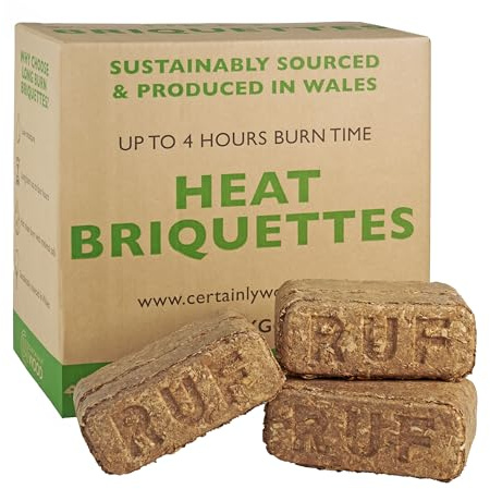 Certainly Wood Eco Heat Logs RUF Briquettes - 20kg (24 Briquettes) Wood burners & Stoves Fires- Eco Friendly Compressed Wood Fire Bricks Made in Wales. Up to 3 Hr burn time (5 boxes)