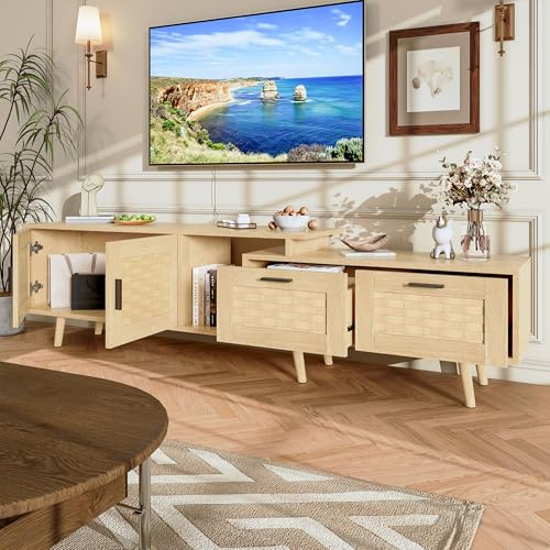Mueble de TV de bambú, soporte extensible con iluminación LED para televisores de 40 a 75 pulgadas, banco de TV limpio con almacenamiento integrado, para salón moderno (roble claro)