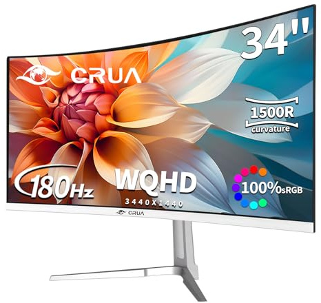 CRUA 34 Inch Ultrawide WQHD Gaming Monitor 180Hz, 3440x1440 Curved Display, White Ultra Slim Design, 1ms MPRT, FreeSync & G-SYNC Compatible, HDR, HDMI & DisplayPort, VESA Mountable PC Monitor