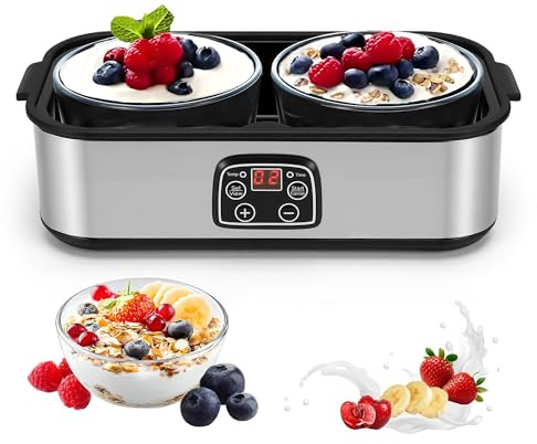 Yogurt Maker, Electric Yoghurt Maker Stainless Steel Machine | 2L Large Capacity, 2 Glass Jars, LED Display, Adjustable Temp&Timer, for Making Organic Yogurt Natto, Homemade Commercial Use