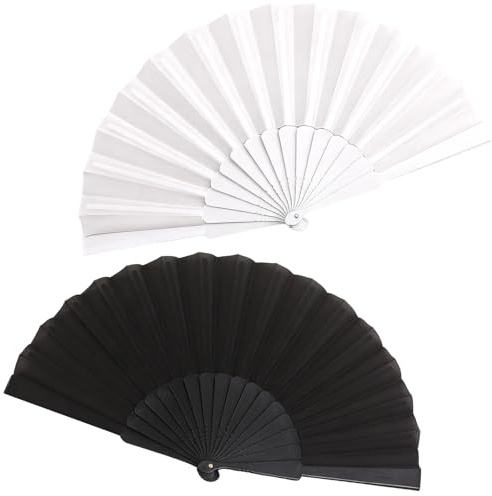Gkhlg 2 Pack Folding Hand Fan Chinese Style Spanish Style Lightweight Nylon Fabric for Women Girls Dance Wedding Party Cosplay Carnival Stage Decoration (Black+White)