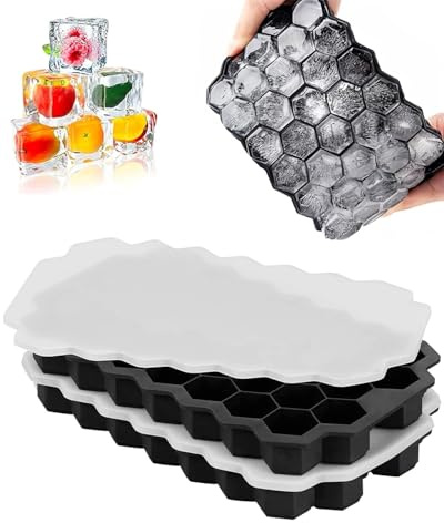 DAFNE 2 Piezas Cubitera Hielo Silicona, cubiteras para hielo,Moldes para Cubitos de Hielo con Tapa, 37 Bandejas para Hielo para Congelarse Alimentos para Bebés, Agua, Cola, Cócteles, Whisky,negro