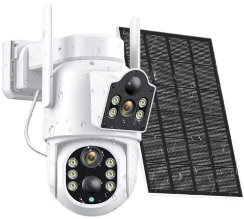 HWIREUIGT Telecamera IP A Energia Solare 4MP HD WiFi per Esterni, Telecamera di Sicurezza con Doppio Obiettivo PTZ, Telecamera Wireless con Batteria Integrata, Pannello Solare, di Allarme.