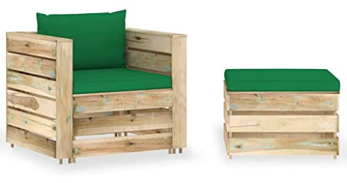 Qnhdfrt 2-TLG. Garten-Lounge-Set, Paletten-Design Sitzgruppe aus imprägniertem Kiefernholz, Outdoor Möbel mit bequemen Polstern, Gartensofa und Tisch, Grün