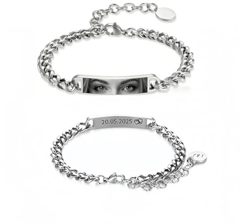 Kiddo Sky Personalisiertes Augenfoto-Armband für Männer und Frauen, Edelstahl, personalisiertes Augenbild, kubanisches Armband, Schmuck mit individuellem Text für Mutter, Vater, Paar, Freund