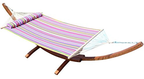 ALEOS. AS-S 410cm XXL Hängemattengestell Filled Edition PINK Hängematte mit Gestell aus Holz Lärche mit Stabhängematte (GEPOLSTERT) inkl. Kopfkissen
