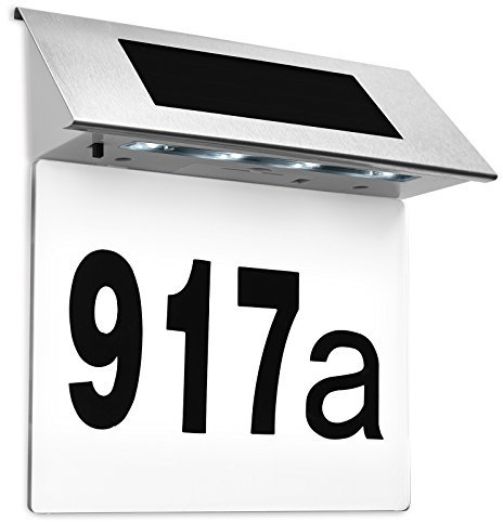 DEUBA® Edelstahl Hausnummer Beleuchtet Solar 4 LEDs Dämmerungssensor Wetterfest 0-9 Zahlen a-h Buchstaben Leuchte Haus Nummer Schild Außen