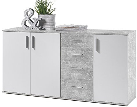 möbelando Kommode Sideboard Mehrzweckschrank Schrank Standschrank Freida III Beton/Weiß