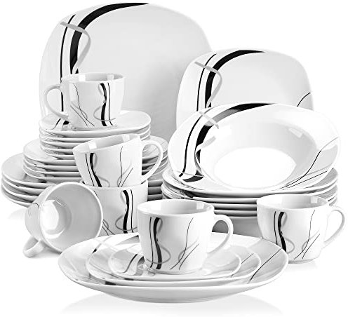 VEWEET 'Fiona' 30-Piece Dinner Set, Ivory White Black Lines Porcelain China Ceramic Combination Sets with Dessert Plates/Soup Plates/Dinner Plates/Cups/Saucers, Service for 6