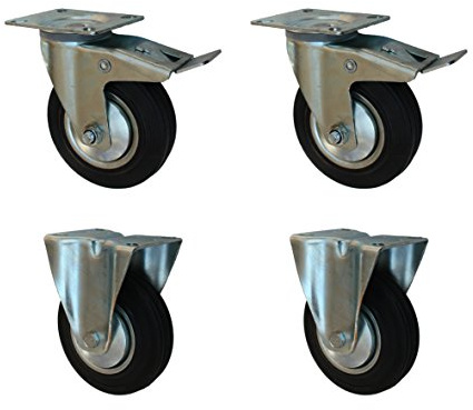 Set 80 mm Transportrollen 2 x Bockrolle + 2 x Lenkrolle mit Bremse Vollgummirollen