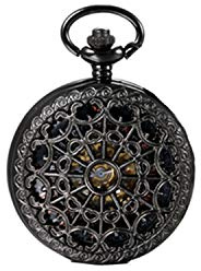 JewelryWe Retro Handaufzug Mechanische Taschenuhr Vintage Blumenmuster Römische Ziffern Uhr Taschenuhren mit Kette und Geschenkbox, Schwarz/Silber