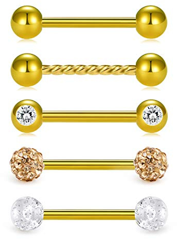 Crdifu 5er Zungenpiercing Barbell Set 14 Gauge 14mm Brustwarzenpiercing Chirurgenstahl Piercing Schmuck