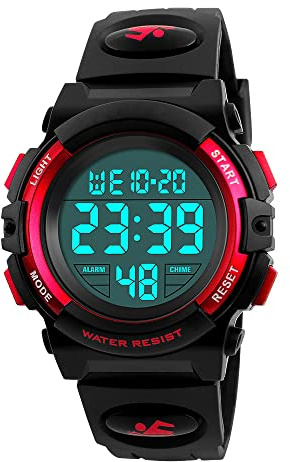 FeiWen Multifuncional Deportivo Reloj de Pulsera de Mujer Plástico Bisel con Goma Correa Outdoor Militar LED Electrónica Digitales Reloj 50M Impermeable, Rojo