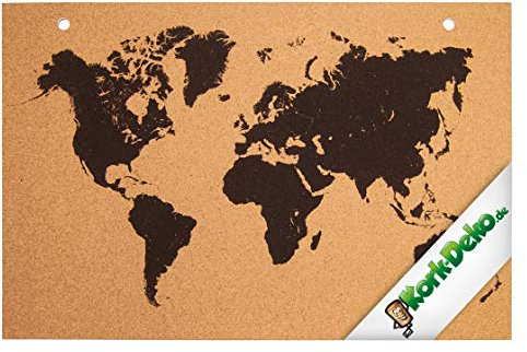 Kork Pinnwand Weltkarte – 90x60cm bedruckt zum Aufhängen – ideal für Schule – Küchenpinnwand – Lernwand – Memoboard aus Naturkork mit schwarzem Aufdruck und verstärkten Löchern – Korktafel