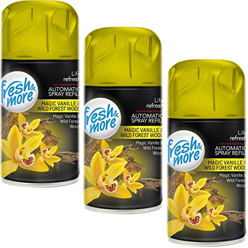 3x Fresh&More Lufterfrischer Magic Vanille & Forest Wood Nachfüller, 250ml | Raumduft-Spray-Nachfüller, kompatibel mit Freshmatic Max, süß-holziger Vanille-Waldduft