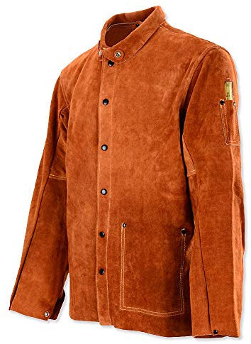QeeLink Chaqueta de Trabajo de Soldadura de Cuero, Chaqueta para Soldador Ignifuga Robusto, Ropa Cuero Soldadura Cazadora Soldador para Hombre Mujere