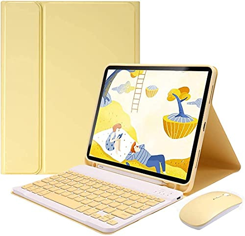 PboyiqiS Keyboard Case with Mouse for 9.7 iPad (2018/2017, 5th/6th Gen, Pro, Air 2) - Detachable Wireless Bluetooth Keyboard Pencil Holder, Slim Leather Cover (iPad 9.7 inch, Yellow)