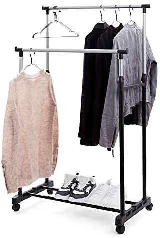 HAC24 Teleskop Kleiderständer auf Rollen Garderobenstange Höhenverstellbar Rollgarderobe Mobiler Garderobenständer mit 2 Kleiderstangen & Schuhablage