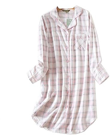 Dam sovskjorta rutig bomull nattskjorta Button Down sovskjorta dam långärmad nattlinne pyjamas toppar damer nattlinne, Rosa, XXL