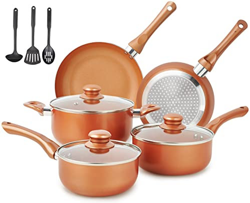 M MELENTA Pots and Pans Set Non Stick, 11 Piece Induction Hob Pan Set, Ceramic Cookware Set Nonstick Cooking Sets with Frying Pans, Saucepan Set, PFOA Free, Copper Color