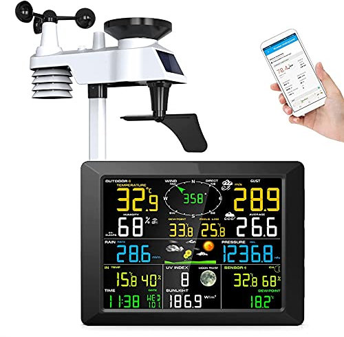 JIXIN Stations météo Professionnelles Thermomètre intérieur extérieur sans Fil Hygromètre, Pluviomètre, Horloge météo, Prévisions météo, Vitesse du Vent, Solaire
