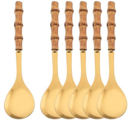 Natural Bamboo Handle Serving Spoons Set of 6, Large Size Stainless Steel Dinner Buffet Catering Banquet Serving Spoons, 10.0 Gold Big Ladle Tablespoons for Home, Family Serving Utensils