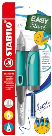 STABILO - Schulfüller ergonomisch für Linkshänder mit Standard-Feder M - EASYbirdy Pastel Edition in aqua grün/mint - inkl. Patrone und Einstellwerkzeug