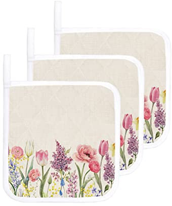 Set di 3 presine per fiori di tulipano pasquale per cucina, presina in lino retrò, presine calde da forno lavabili a prova di calore presina per cottura al forno