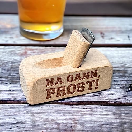 MIJOMA Abrebotellas de madera, abridor de botellas de cerveza en forma de mandolina, 9 x 4 x 6 cm, con diferentes frases (Na Dann Prost)