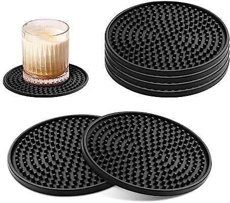 Silicone Coasters Set of 4 - Round Non-Slip Cup Mats for Cold and Hot Drinks, Coffee Cups and Other Beverages (Black)