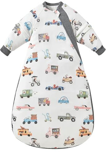 Chilsuessy Baby Schlafsack Winter mit abnembar Langarm Warm Wattiert Babyschlafsack Kinder Ganzjahres Schalfsack für Jungen und Mädchen, Buntes Auto/2.5 Tog, S/Baby Höhe 60-70cm