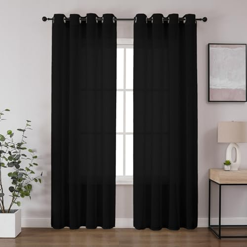 CUCRAF Leinen Voile Vorhänge mit Ösen Lichtfilterung Gardine für Schlafzimmer Wohnzimmer, Schwarz, H245 x B140cm 2er Set