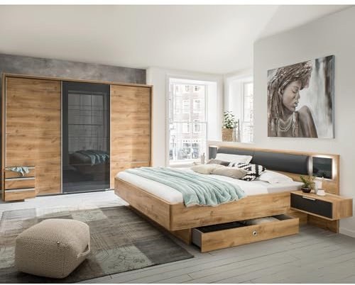 Lomadox Schlafzimmer Set 4-teilig mit Bett 160x200, LED-Beleuchtung, Schwebetürenschrank 273cm mit Passepartout, Bettschubkästen in Graphit mit Eiche Modern